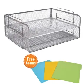 2 Tier Paper Letter Tray Desk Organizer Stackable Desktop File Document Organizer Metal Mesh Collection Office Desk Accessories with 3Pcs File Folders,Horizontal Silver