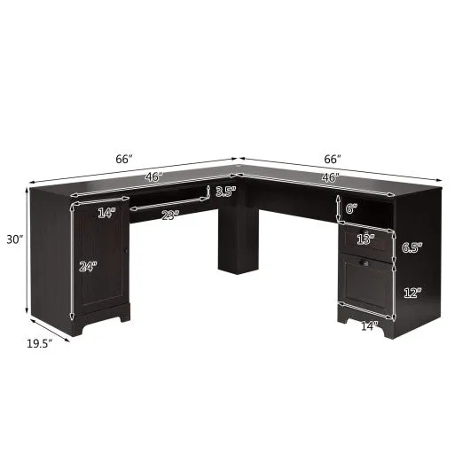 66 Inch L-Shaped Writing Study Workstation Computer Desk with Drawers-Coffee