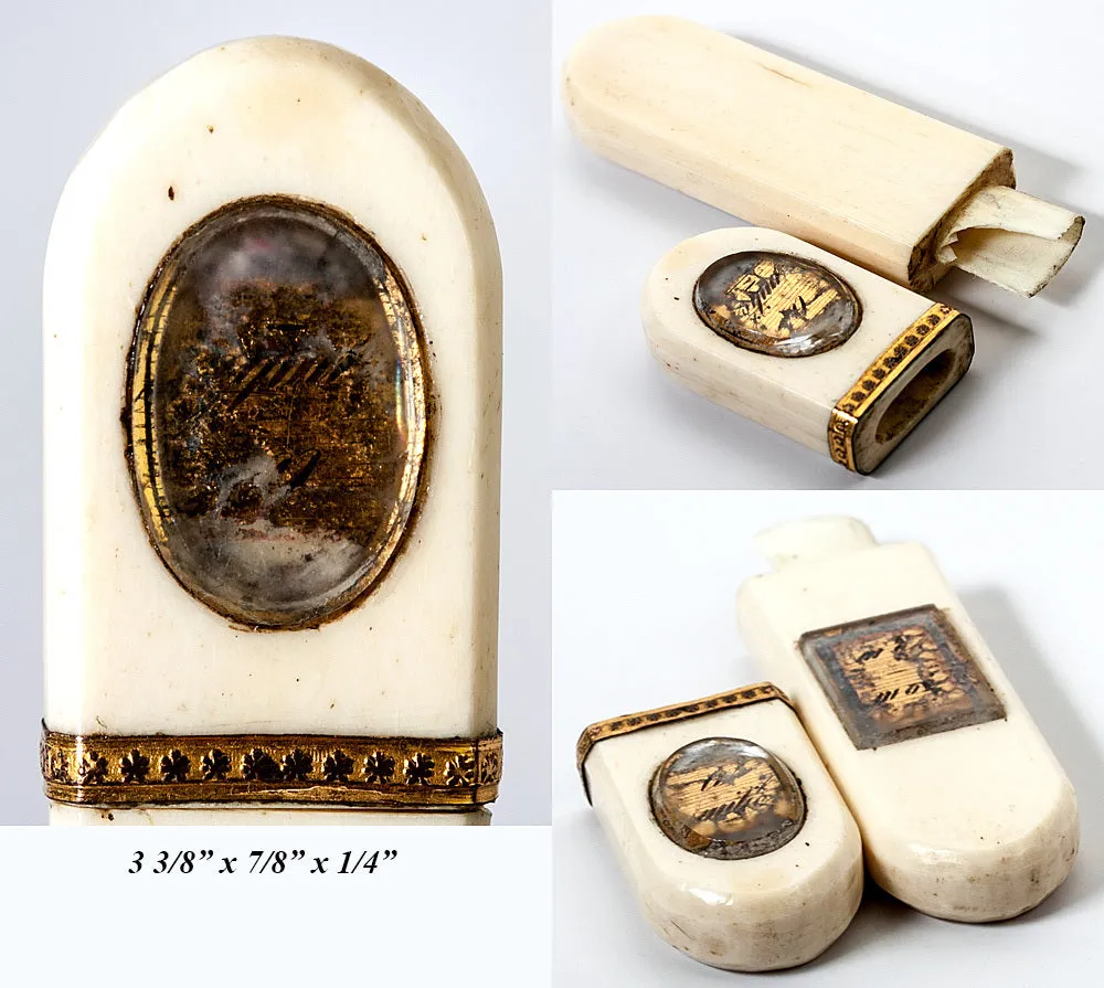 Antique c.1780 Ivory Needle Case, Etui, Gold Trim and D'Amite Under Rock Crystal Panel, Palais Royal