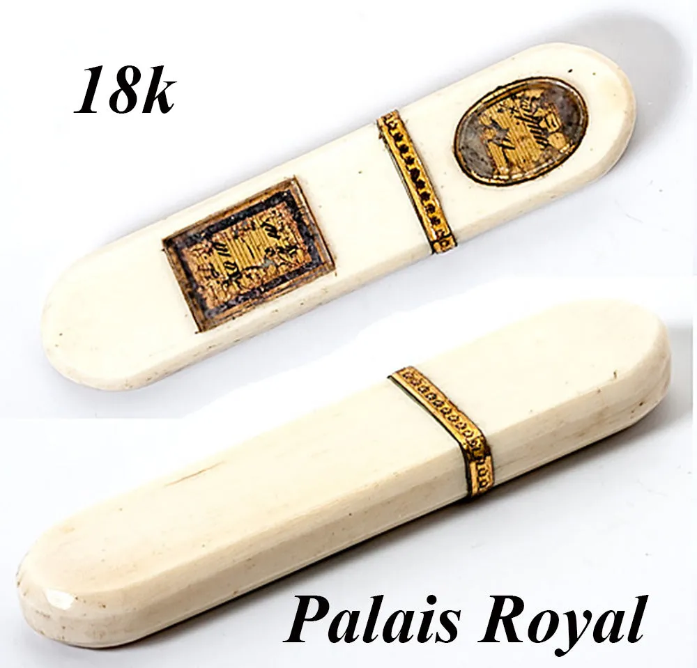 Antique c.1780 Ivory Needle Case, Etui, Gold Trim and D'Amite Under Rock Crystal Panel, Palais Royal