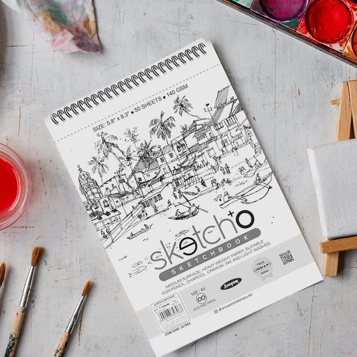 Anupam Sketcho Sketch Book A6 Acid Free Natural Shade 140 Gsm Paper Wiro-Bound Sketchpad for Artists Students (50 Sheets, Set of 3), Acrylic