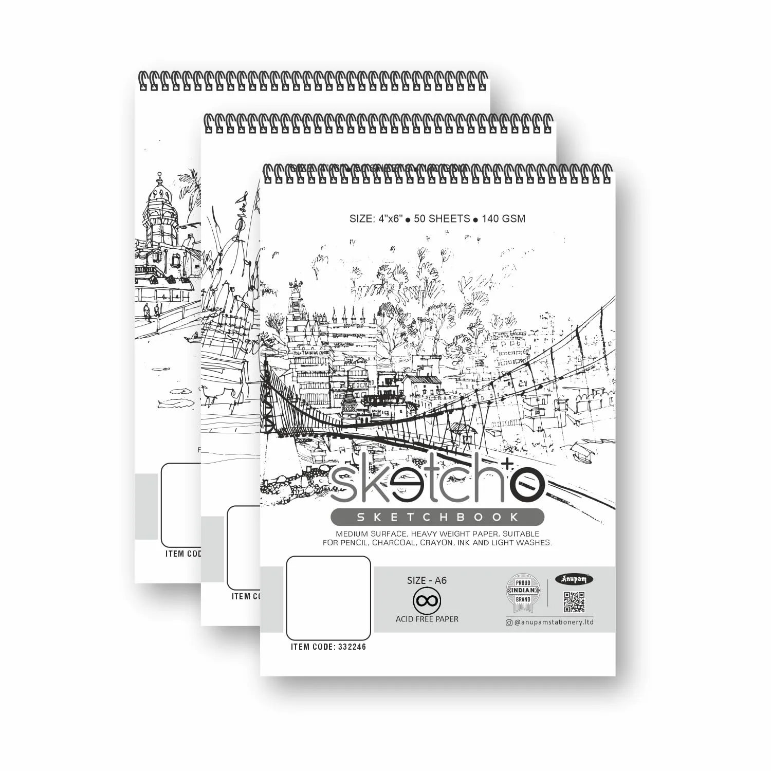 Anupam Sketcho Sketch Book A6 Acid Free Natural Shade 140 Gsm Paper Wiro-Bound Sketchpad for Artists Students (50 Sheets, Set of 3), Acrylic