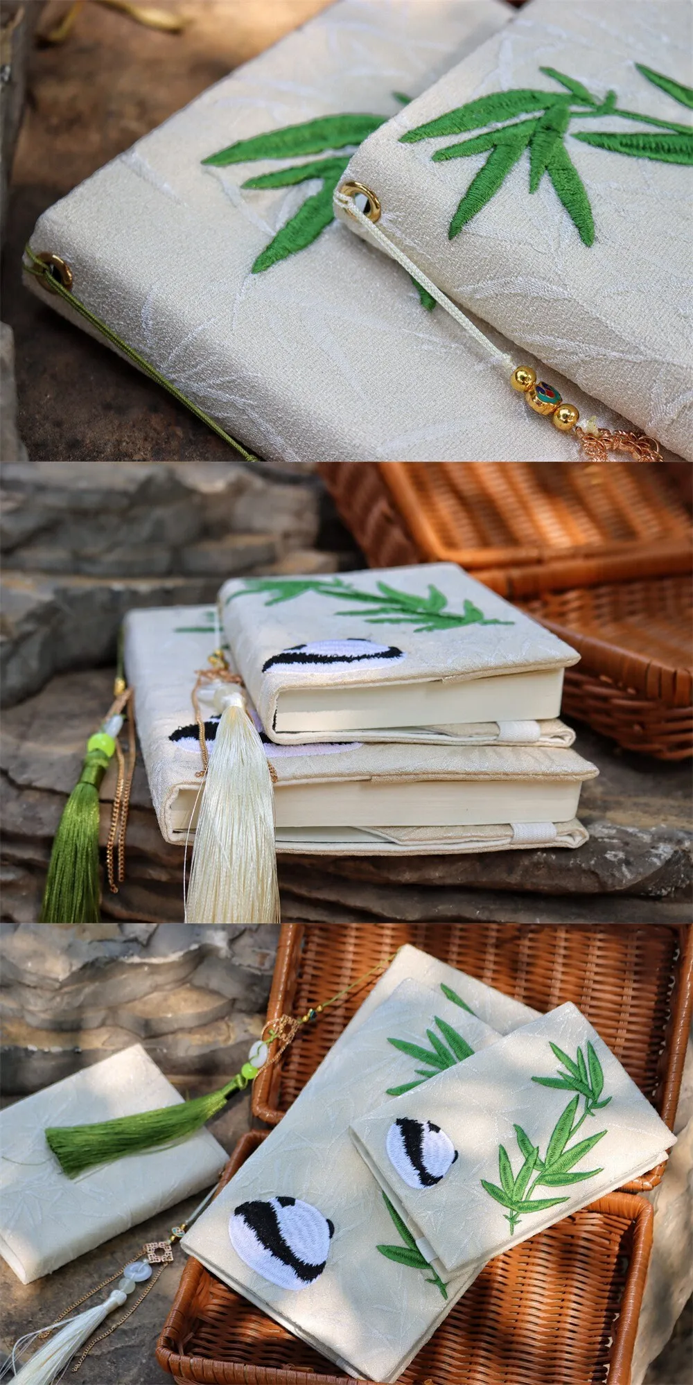 Bamboo Panda Embroidered Notebook Personalized Cloth Journal Cover Handmade Adjustable Book Sleeve A5 Grid Notebook A6 Lined Blank Planner