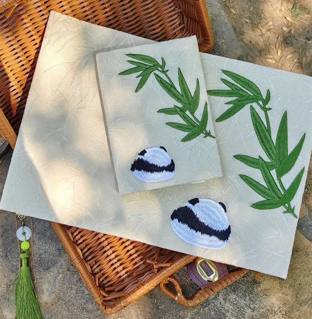 Bamboo Panda Embroidered Notebook Personalized Cloth Journal Cover Handmade Adjustable Book Sleeve A5 Grid Notebook A6 Lined Blank Planner