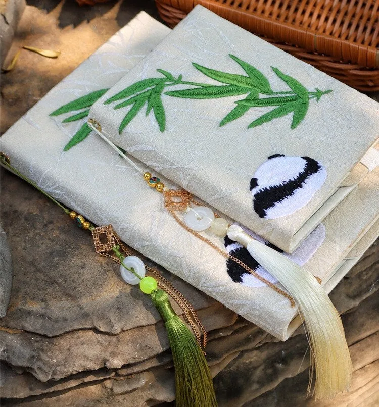 Bamboo Panda Embroidered Notebook Personalized Cloth Journal Cover Handmade Adjustable Book Sleeve A5 Grid Notebook A6 Lined Blank Planner