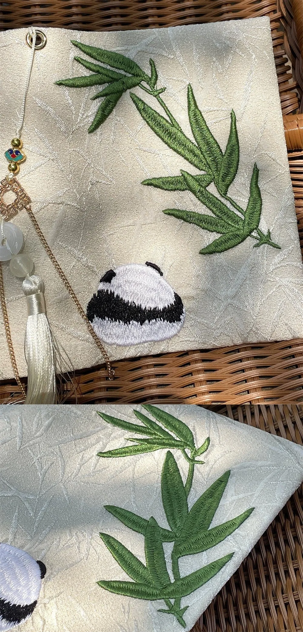 Bamboo Panda Embroidered Notebook Personalized Cloth Journal Cover Handmade Adjustable Book Sleeve A5 Grid Notebook A6 Lined Blank Planner
