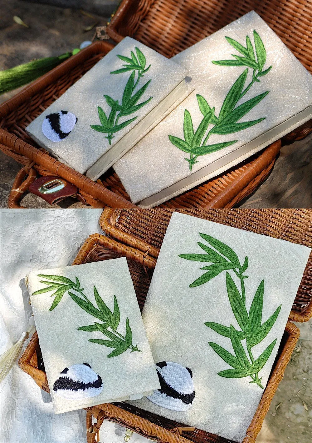 Bamboo Panda Embroidered Notebook Personalized Cloth Journal Cover Handmade Adjustable Book Sleeve A5 Grid Notebook A6 Lined Blank Planner