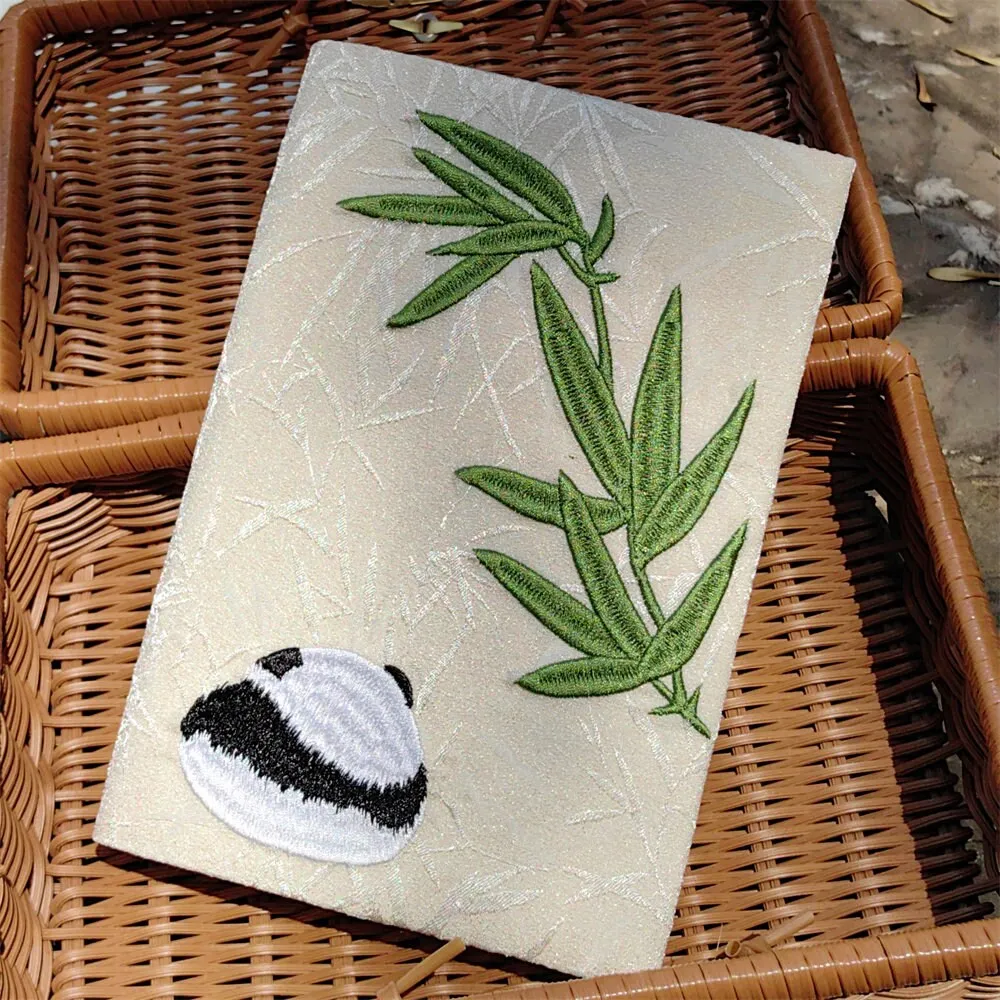 Bamboo Panda Embroidered Notebook Personalized Cloth Journal Cover Handmade Adjustable Book Sleeve A5 Grid Notebook A6 Lined Blank Planner