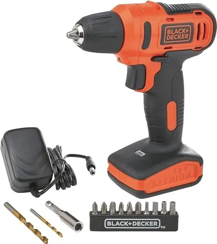 Black & Decker 12V 1.5Ah 900 RPM Cordless Drill Driver with 13 Pieces Bits in Kitbox For Drilling and Fastening, Orange/Black, LD12SP-B5, 2 Years Warranty