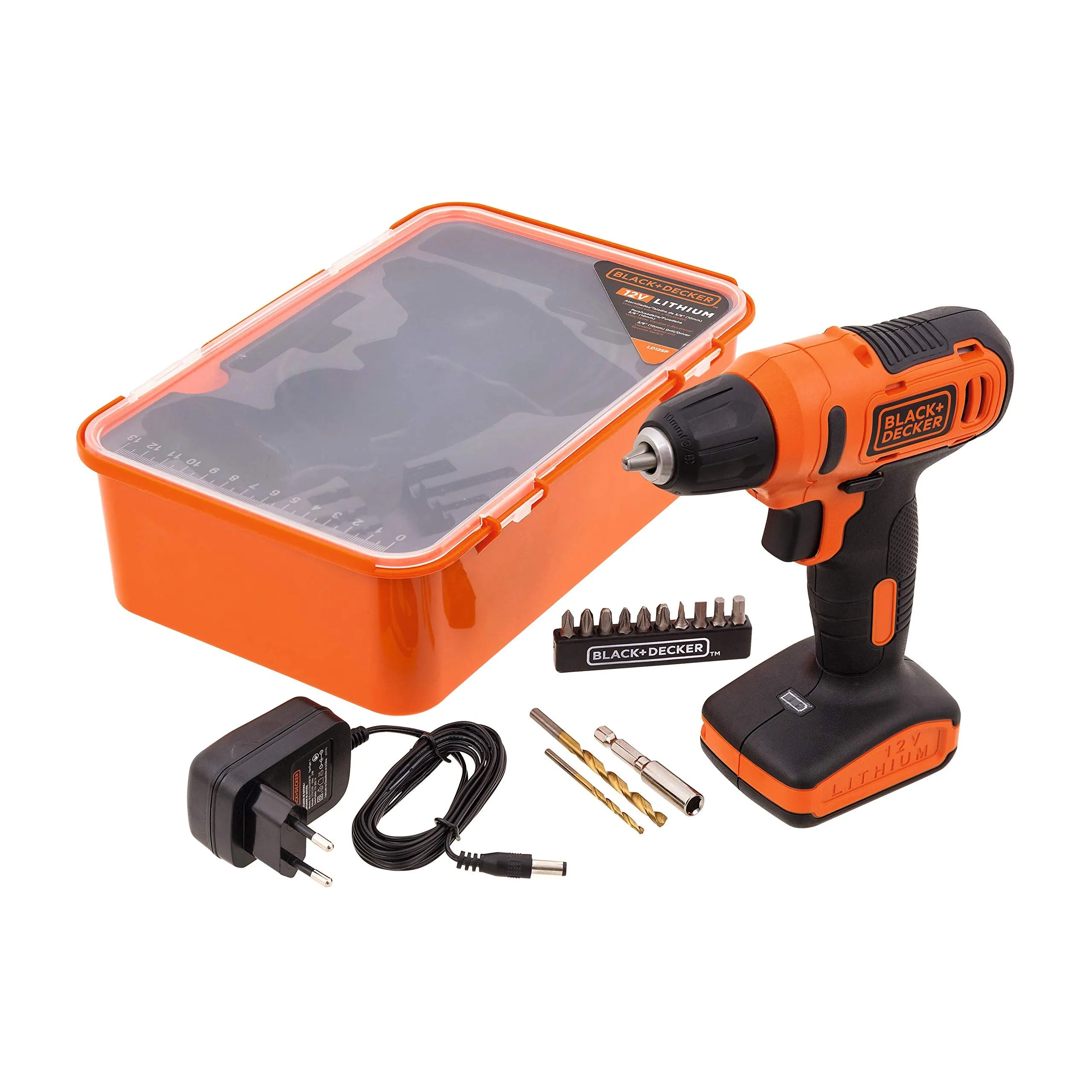 Black & Decker 12V 1.5Ah 900 RPM Cordless Drill Driver with 13 Pieces Bits in Kitbox For Drilling and Fastening, Orange/Black, LD12SP-B5, 2 Years Warranty