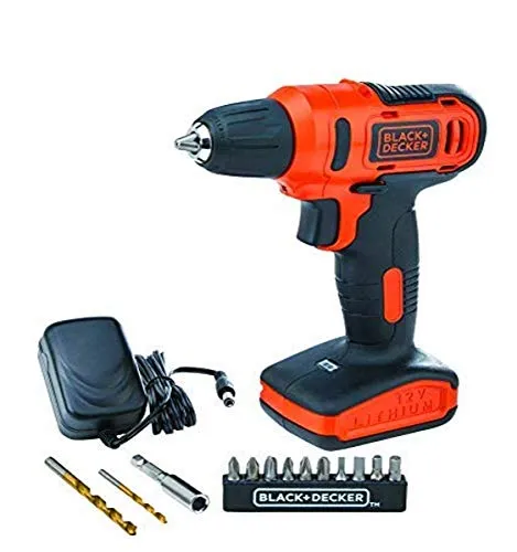 Black & Decker 12V 1.5Ah 900 RPM Cordless Drill Driver with 13 Pieces Bits in Kitbox For Drilling and Fastening, Orange/Black, LD12SP-B5, 2 Years Warranty