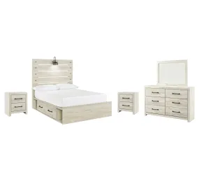Cambeck Full Panel Bed with 4 Storage Drawers with Mirrored Dresser and 2 Nightstands in Whitewash