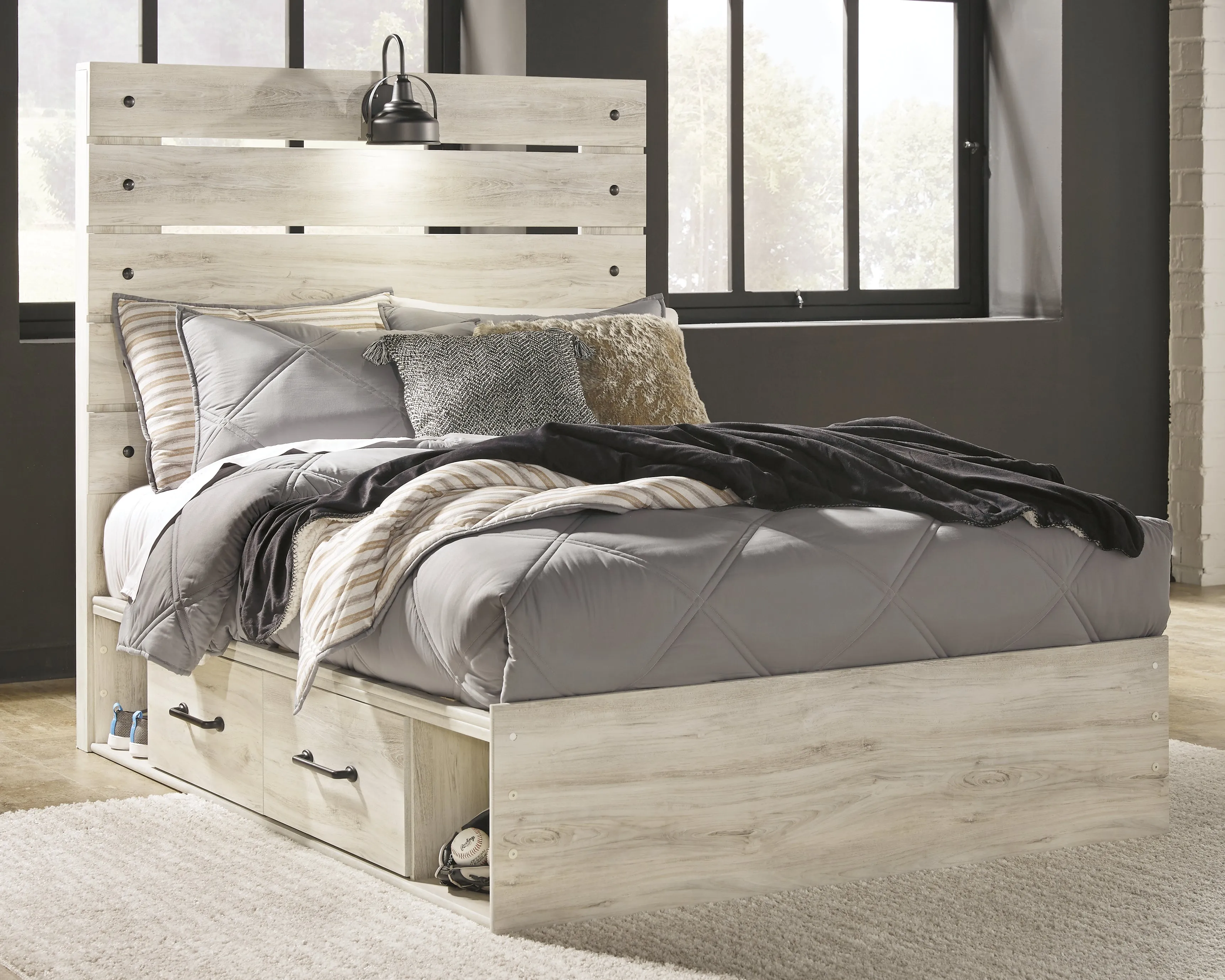 Cambeck Full Panel Bed with 4 Storage Drawers with Mirrored Dresser and 2 Nightstands in Whitewash