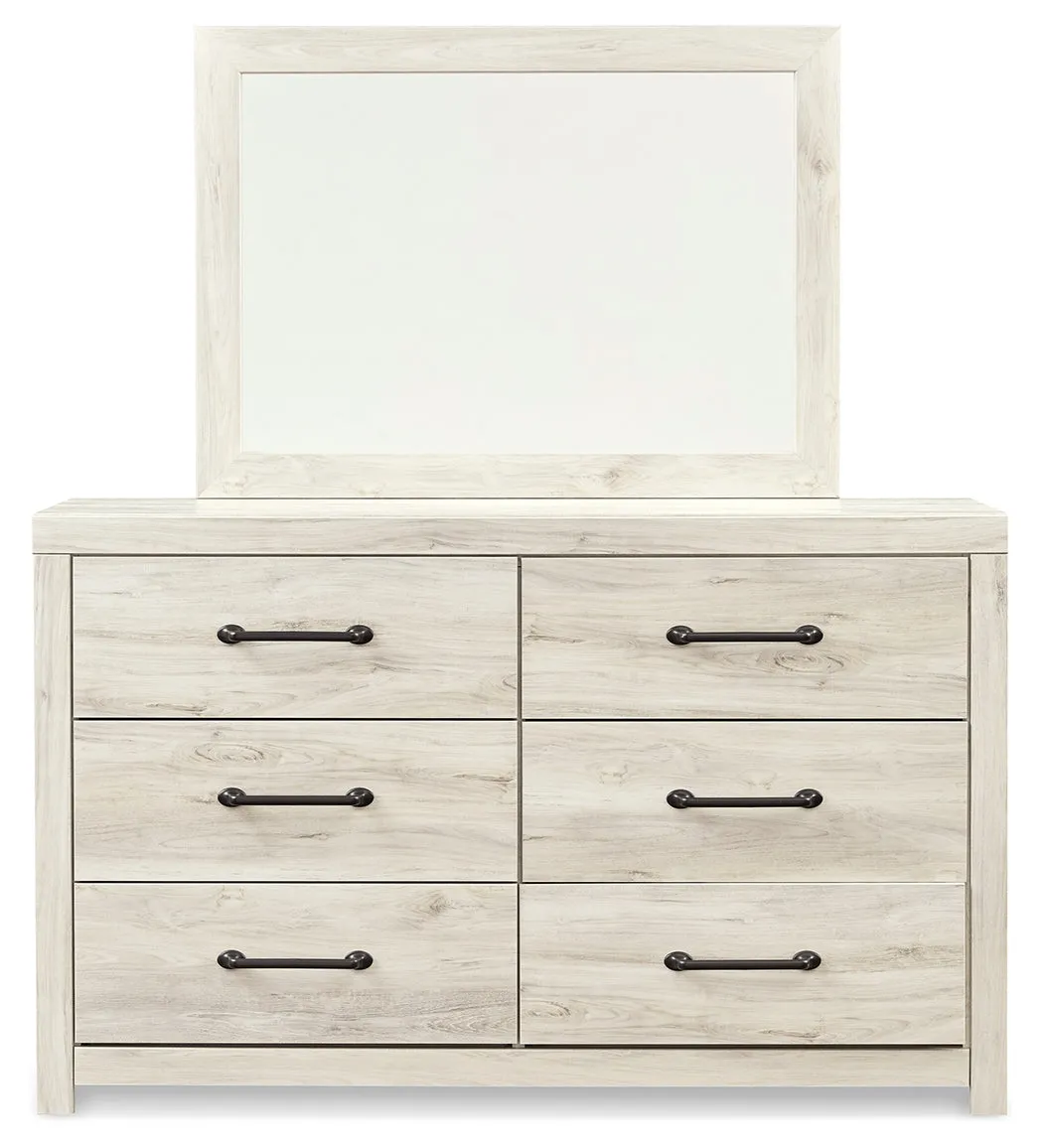 Cambeck Full Panel Bed with 4 Storage Drawers with Mirrored Dresser and 2 Nightstands in Whitewash