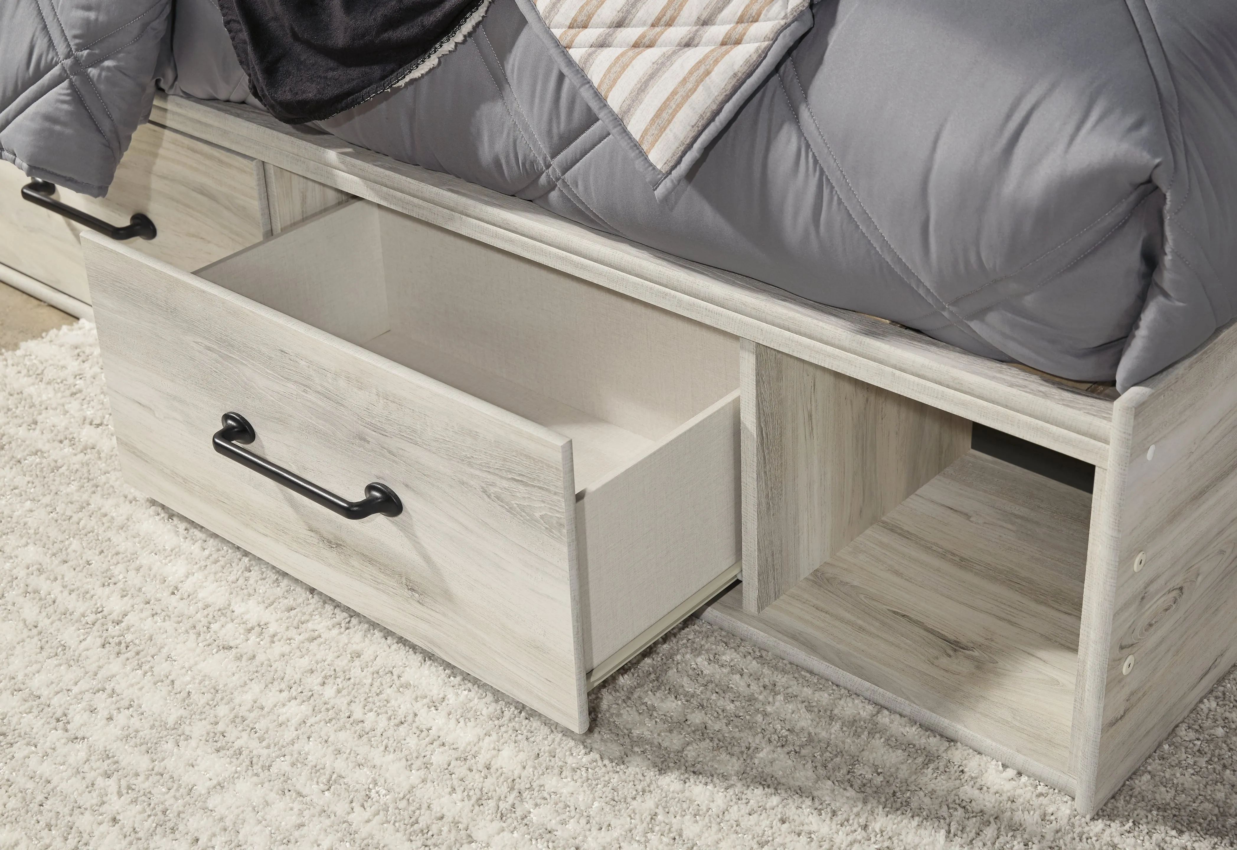 Cambeck Full Panel Bed with 4 Storage Drawers with Mirrored Dresser and 2 Nightstands in Whitewash