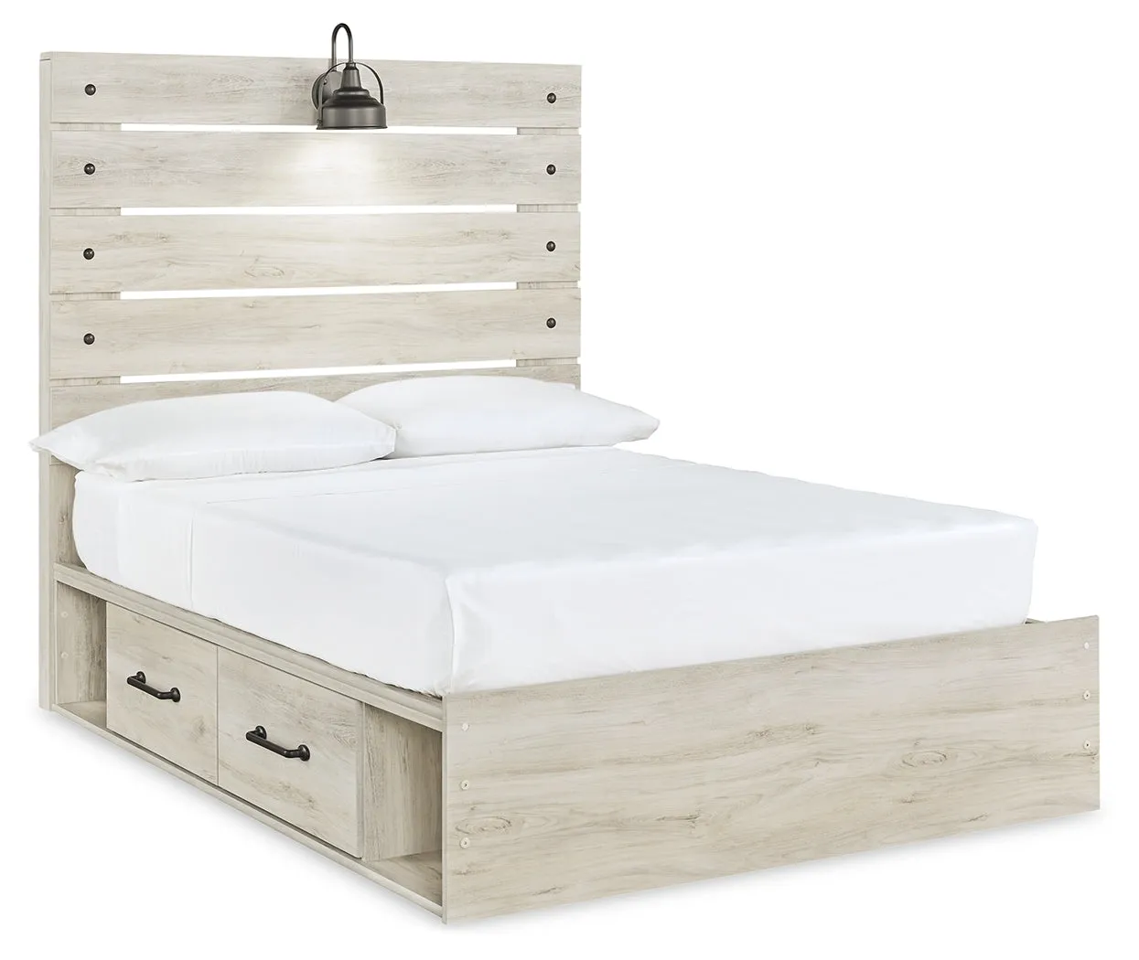 Cambeck Full Panel Bed with 4 Storage Drawers with Mirrored Dresser and 2 Nightstands in Whitewash