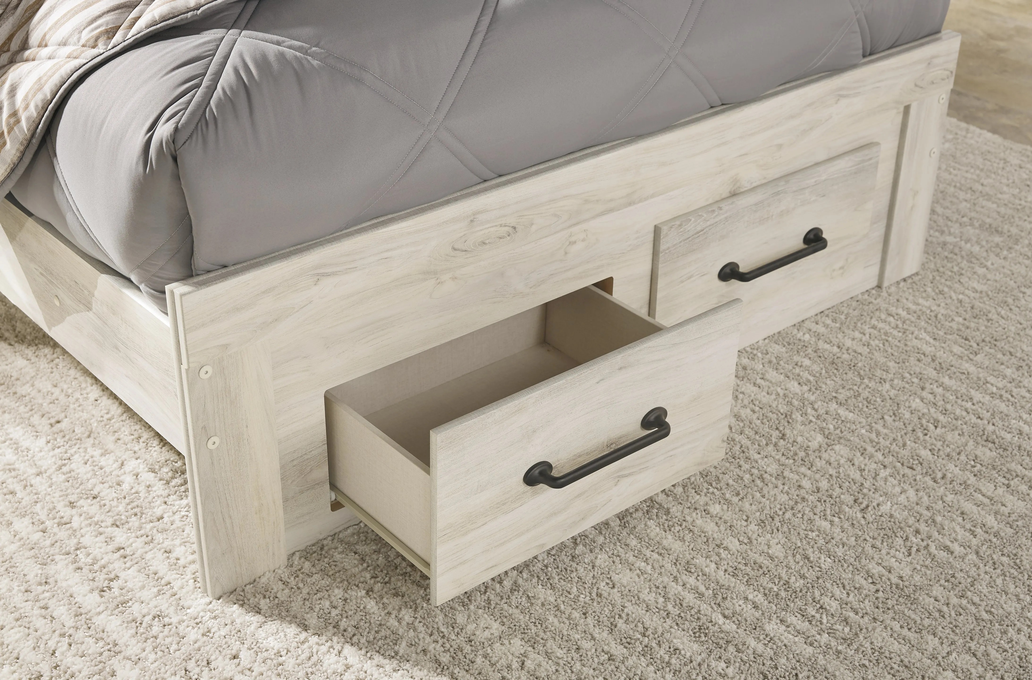 Cambeck Full Panel Bed with 4 Storage Drawers with Mirrored Dresser, Chest and Nightstand in Whitewash