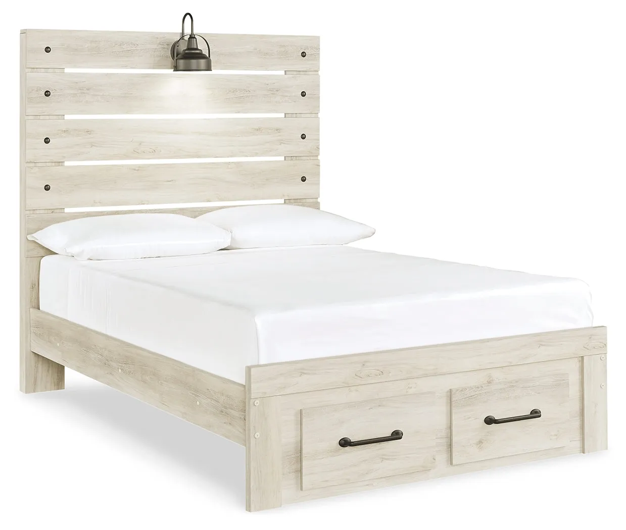 Cambeck Full Panel Bed with 4 Storage Drawers with Mirrored Dresser, Chest and Nightstand in Whitewash