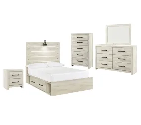 Cambeck Full Panel Bed with 4 Storage Drawers with Mirrored Dresser, Chest and Nightstand in Whitewash