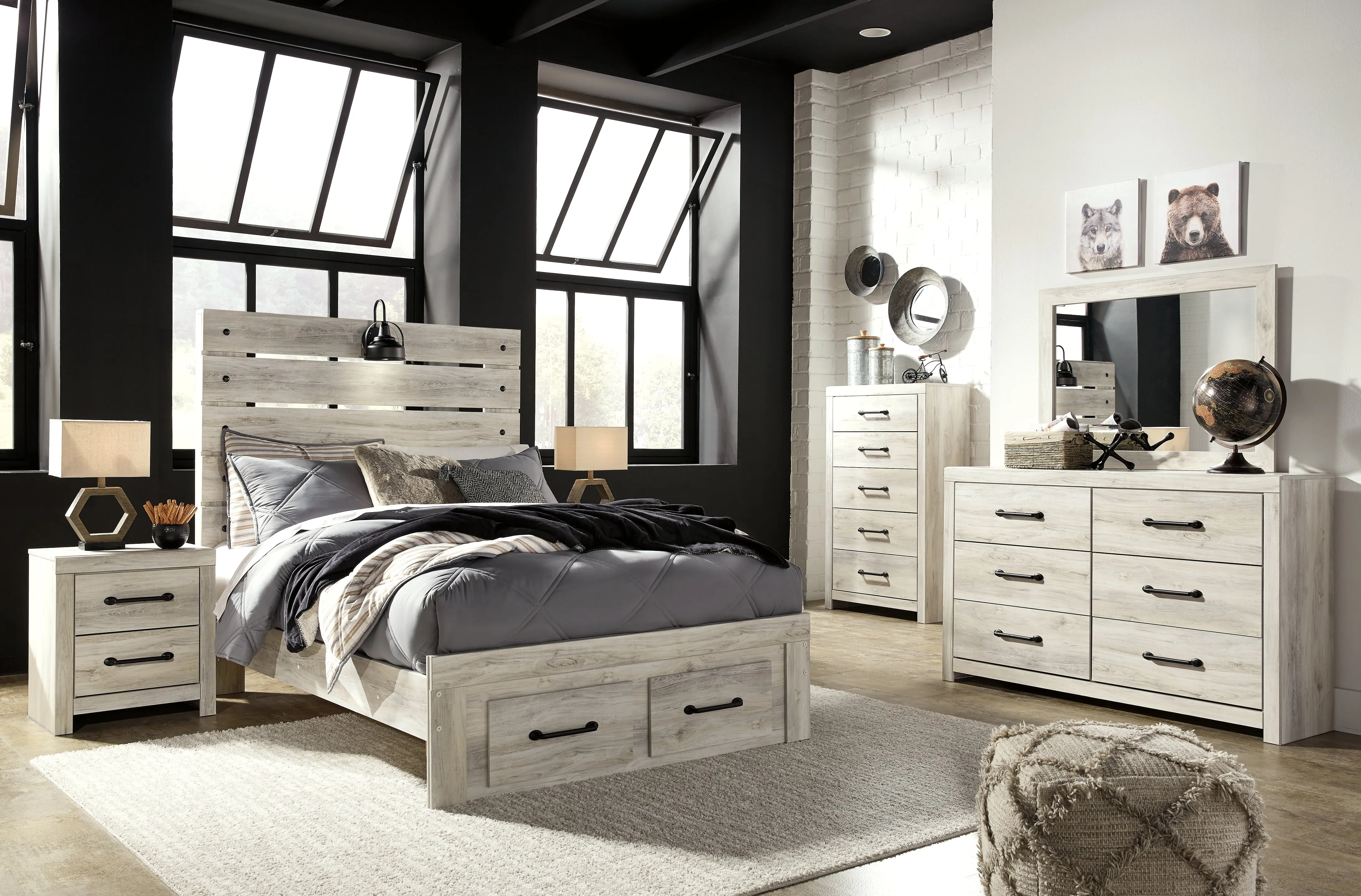 Cambeck Full Panel Bed with 4 Storage Drawers with Mirrored Dresser, Chest and Nightstand in Whitewash