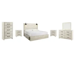 Cambeck King Panel Bed with 2 Storage Drawers with Mirrored Dresser, Chest and 2 Nightstands in Whitewash