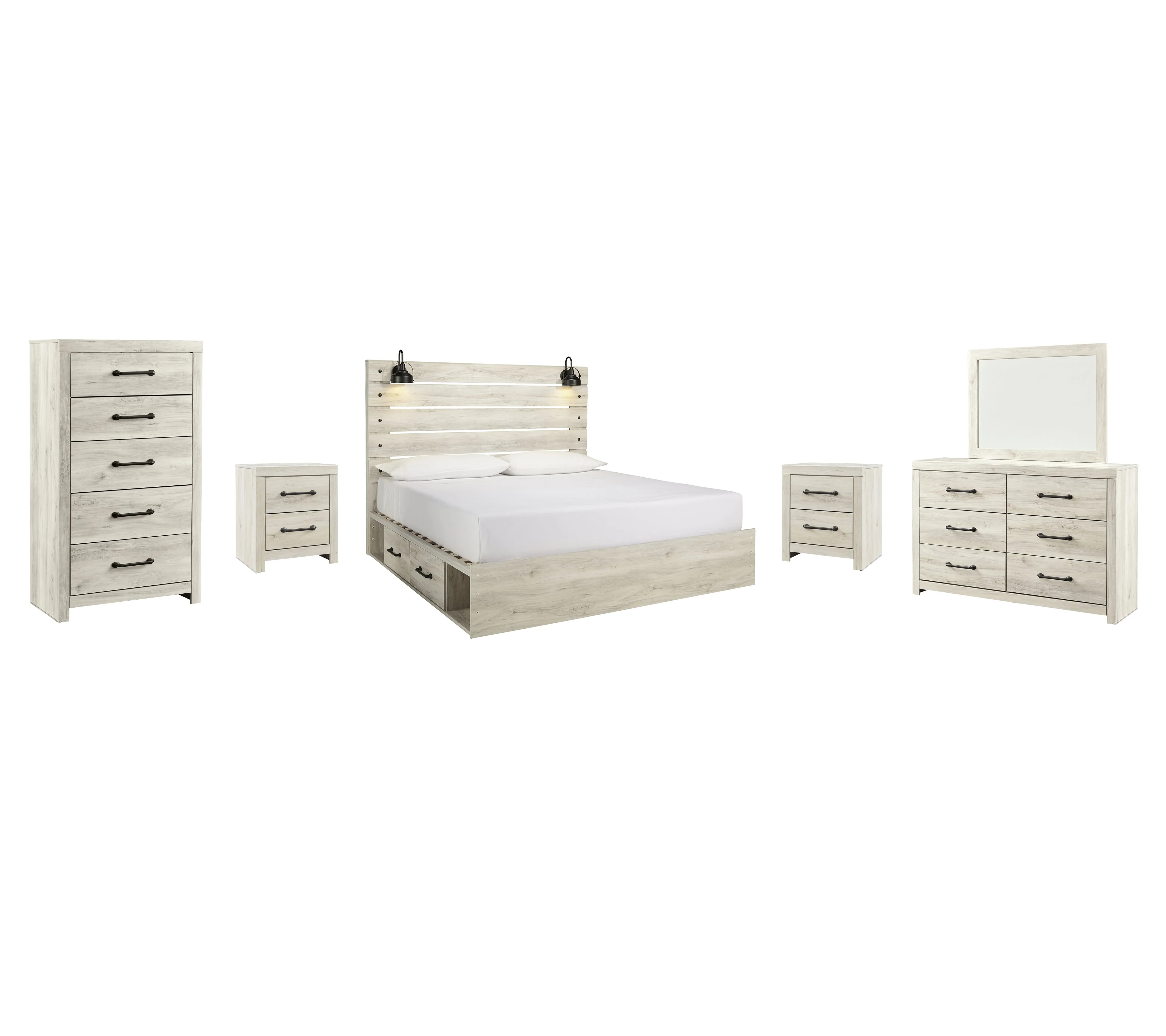 Cambeck King Panel Bed with 2 Storage Drawers with Mirrored Dresser, Chest and 2 Nightstands in Whitewash