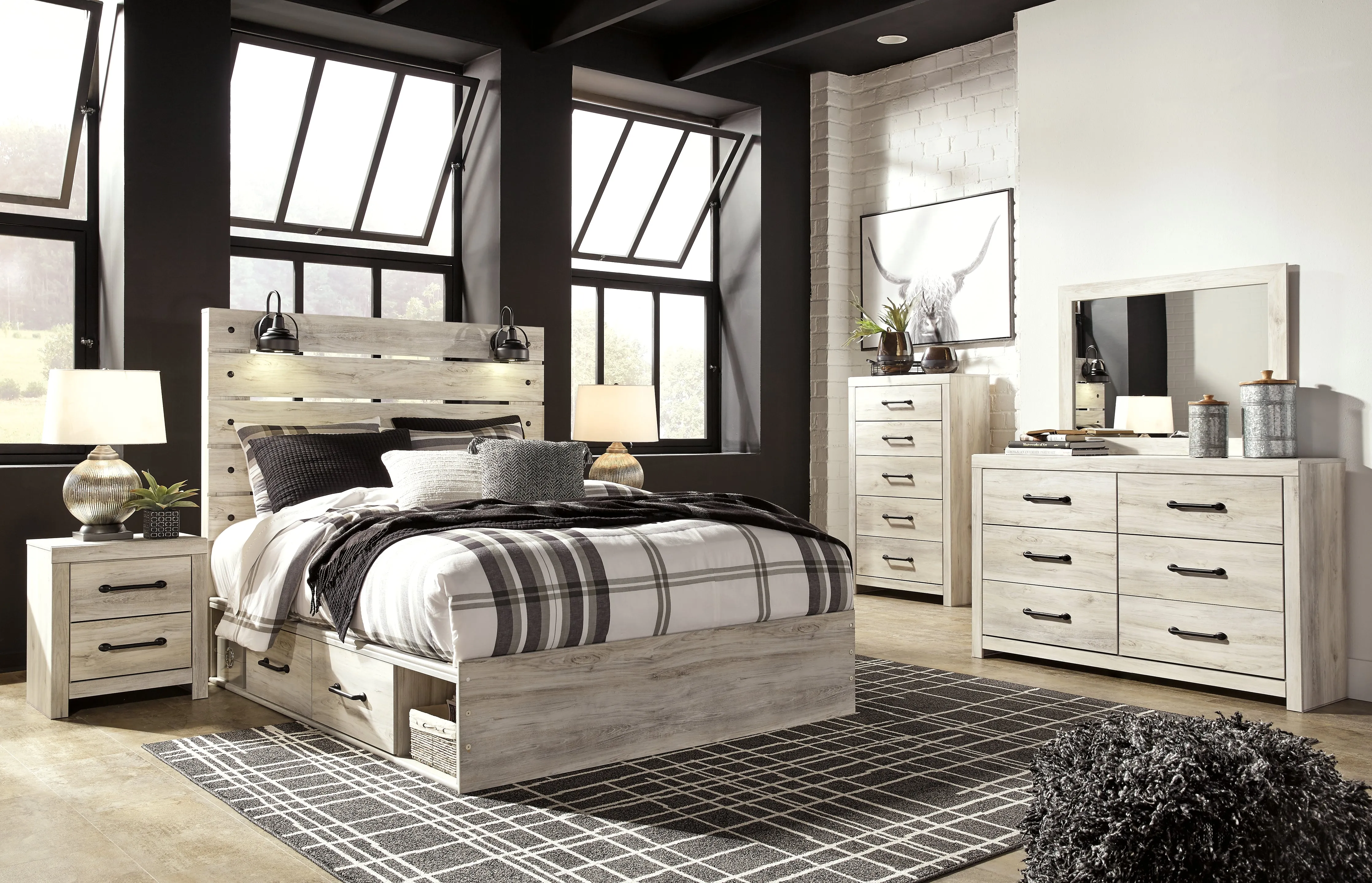 Cambeck King Panel Bed with 2 Storage Drawers with Mirrored Dresser, Chest and 2 Nightstands in Whitewash