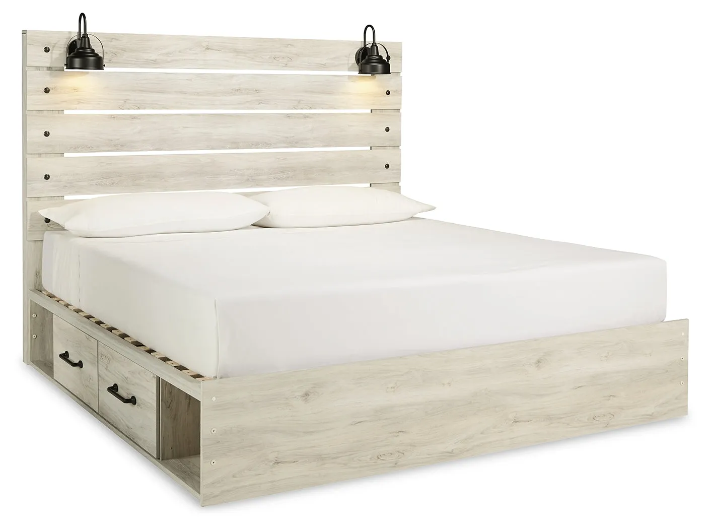 Cambeck King Panel Bed with 4 Storage Drawers with Mirrored Dresser and 2 Nightstands in Whitewash