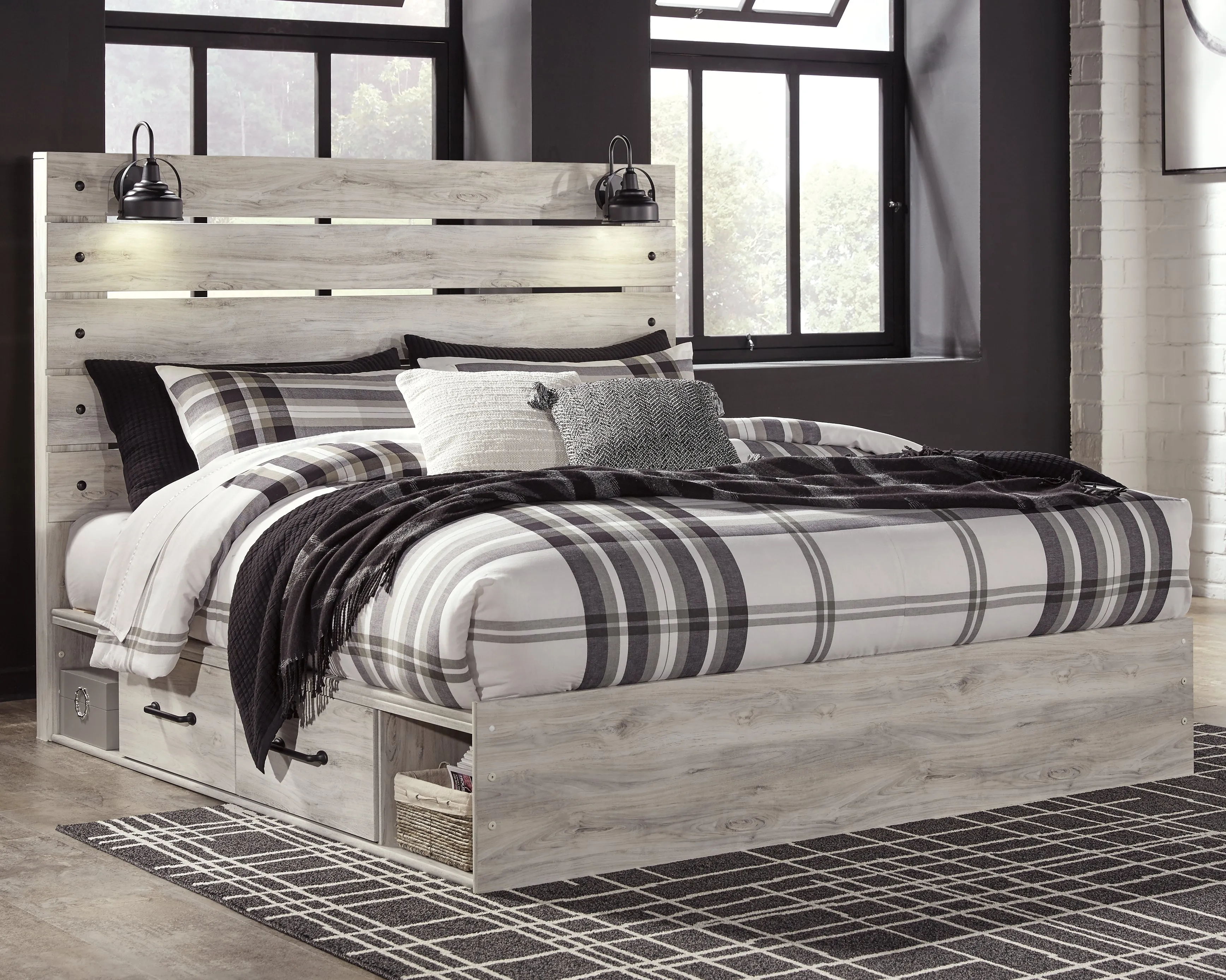 Cambeck King Panel Bed with 4 Storage Drawers with Mirrored Dresser and 2 Nightstands in Whitewash