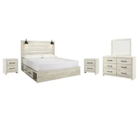 Cambeck King Panel Bed with 4 Storage Drawers with Mirrored Dresser and 2 Nightstands in Whitewash