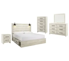 Cambeck King Panel Bed with 4 Storage Drawers with Mirrored Dresser, Chest and Nightstand in Whitewash