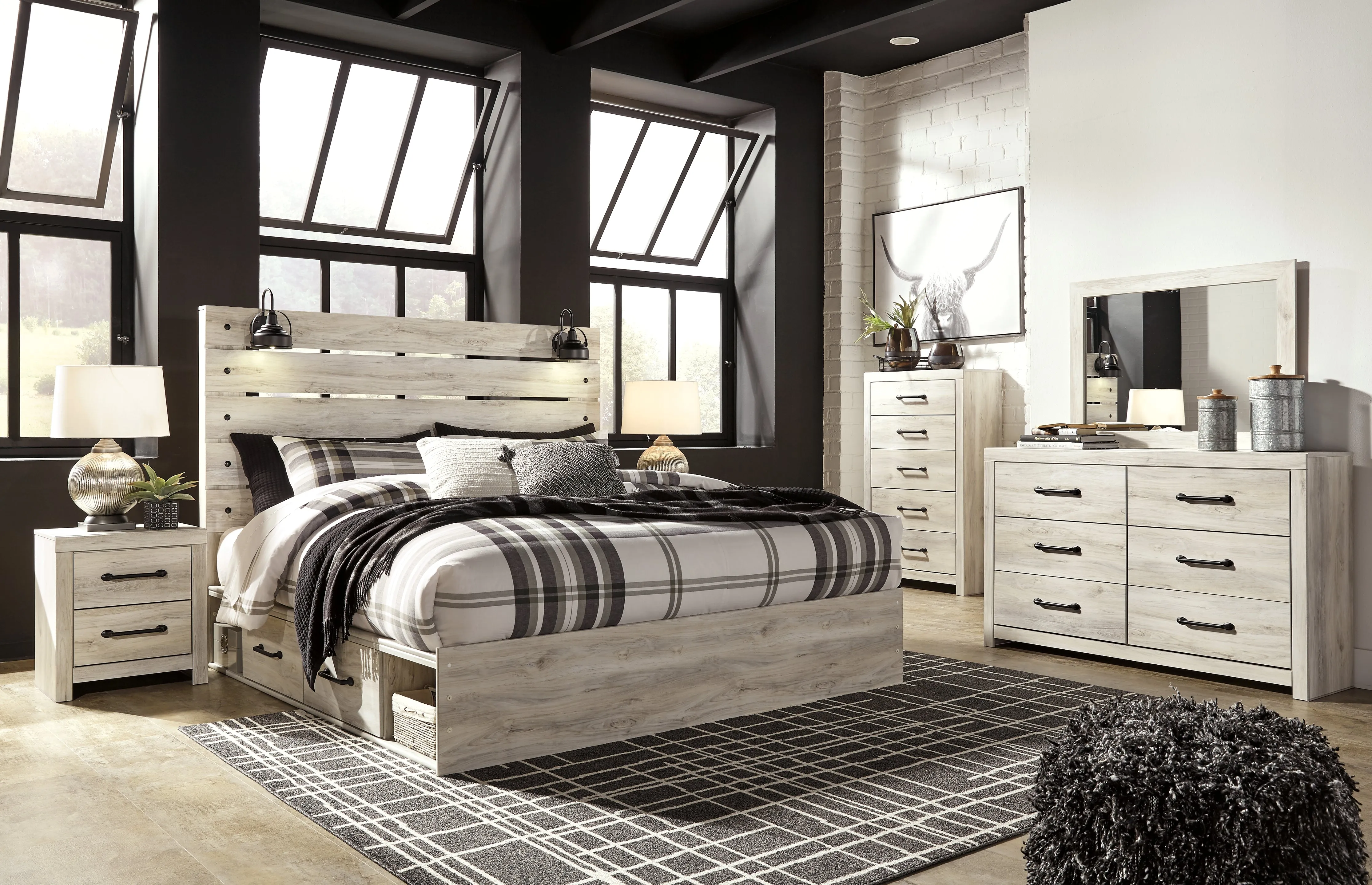 Cambeck King Panel Bed with 4 Storage Drawers with Mirrored Dresser, Chest and Nightstand in Whitewash