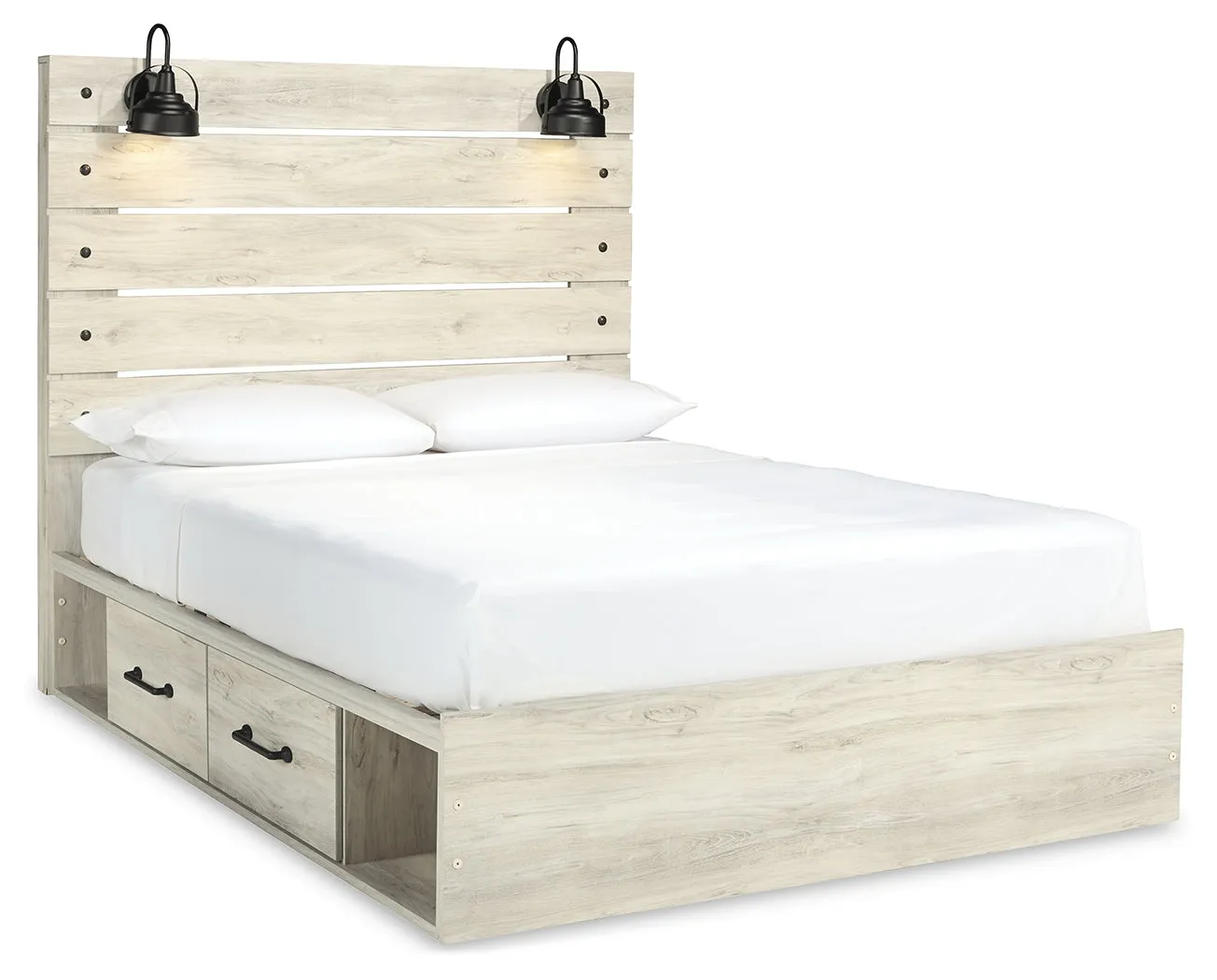 Cambeck Queen Panel Bed with 2 Storage Drawers with Mirrored Dresser and 2 Nightstands in Whitewash