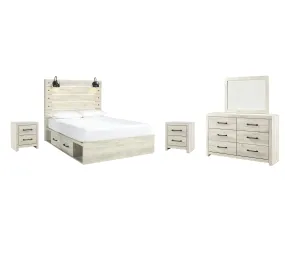 Cambeck Queen Panel Bed with 2 Storage Drawers with Mirrored Dresser and 2 Nightstands in Whitewash