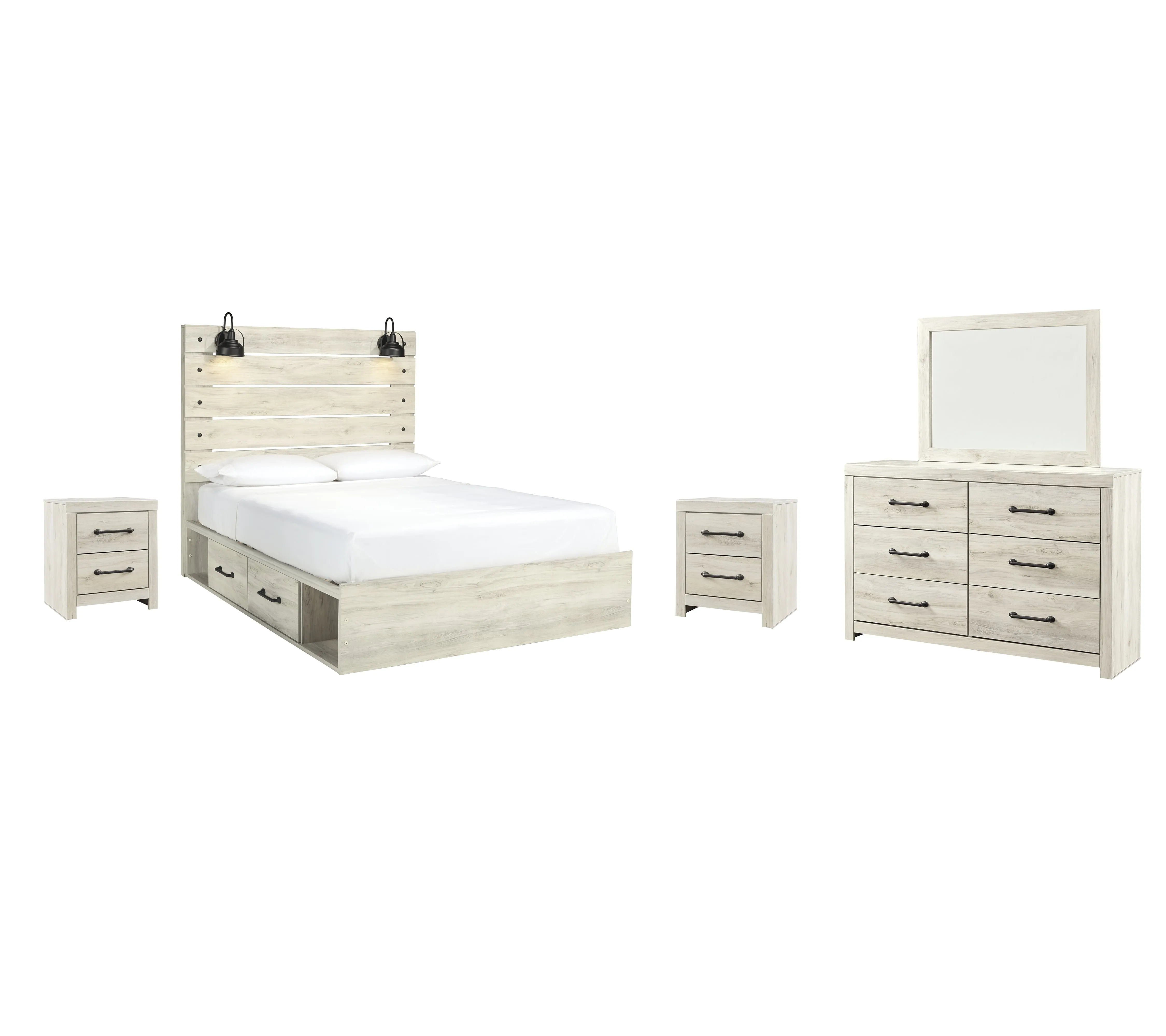 Cambeck Queen Panel Bed with 2 Storage Drawers with Mirrored Dresser and 2 Nightstands in Whitewash