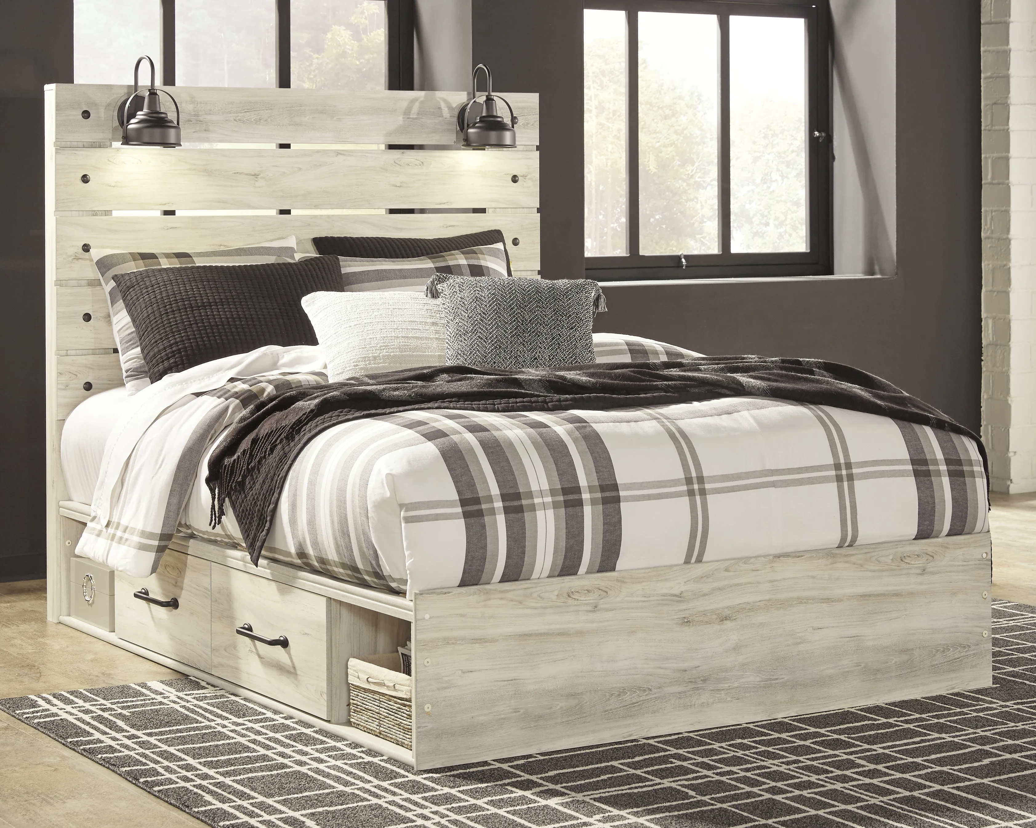 Cambeck Queen Panel Bed with 2 Storage Drawers with Mirrored Dresser and 2 Nightstands in Whitewash