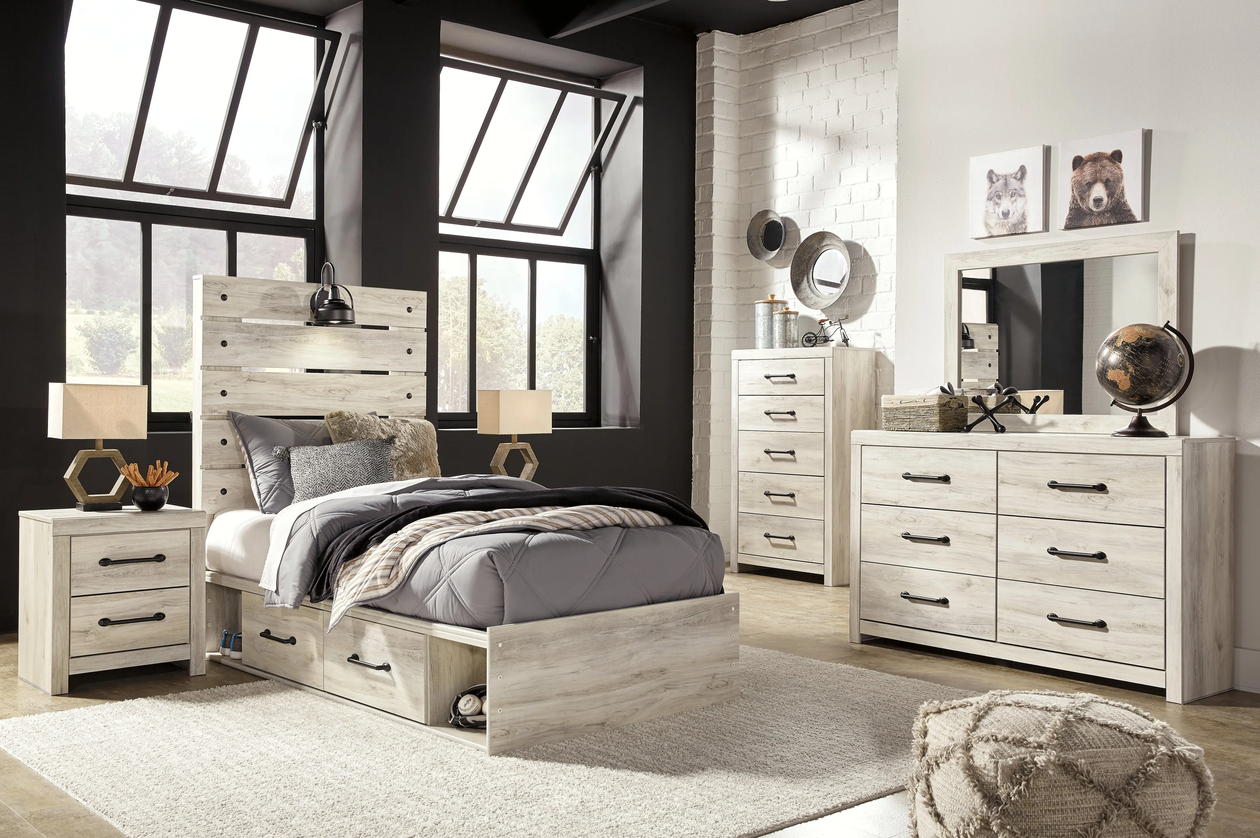 Cambeck Twin Panel Bed with 2 Storage Drawers with Mirrored Dresser, Chest and 2 Nightstands in Whitewash