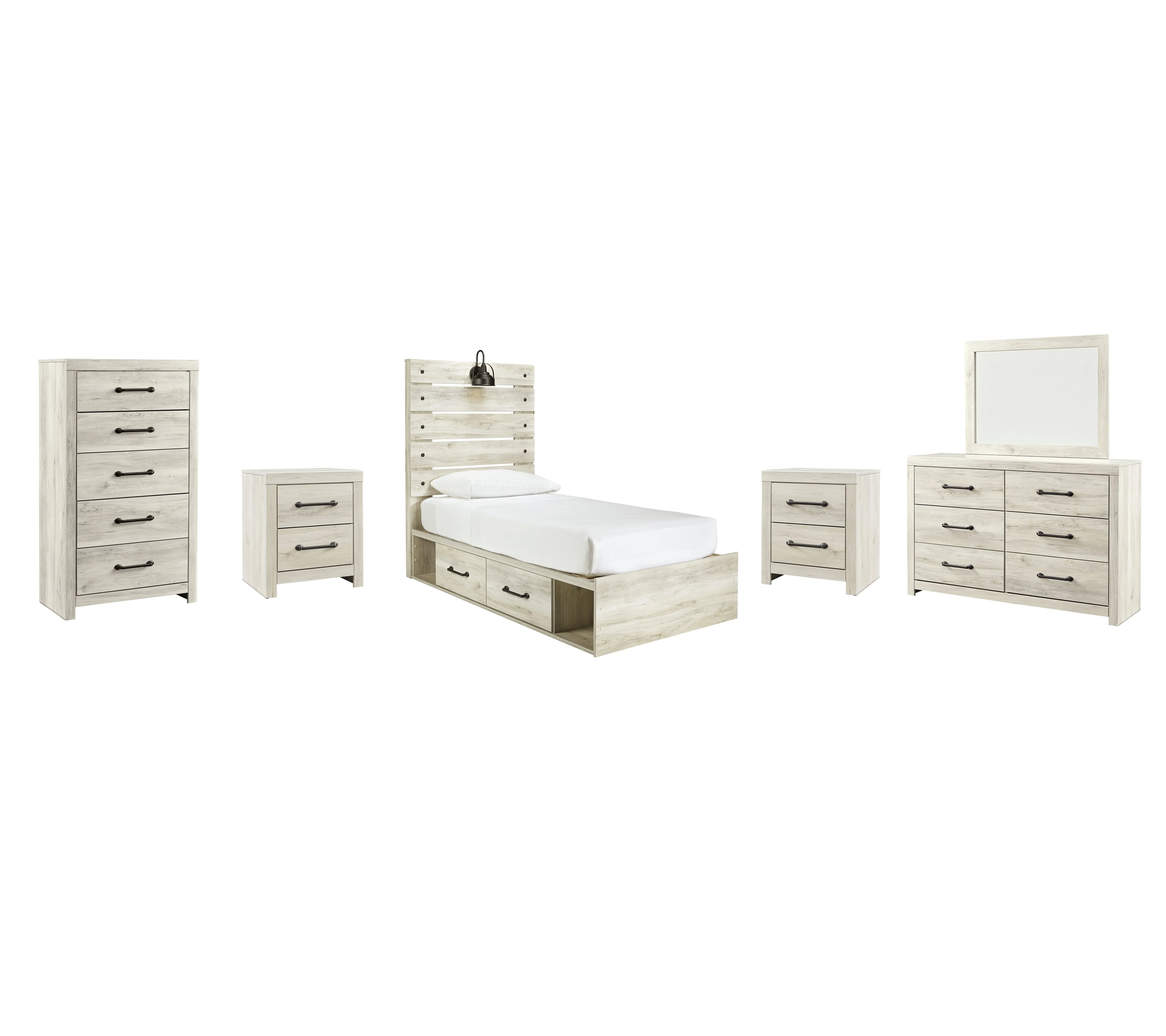 Cambeck Twin Panel Bed with 2 Storage Drawers with Mirrored Dresser, Chest and 2 Nightstands in Whitewash