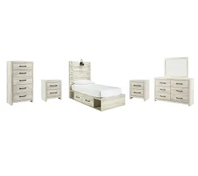 Cambeck Twin Panel Bed with 2 Storage Drawers with Mirrored Dresser, Chest and 2 Nightstands in Whitewash