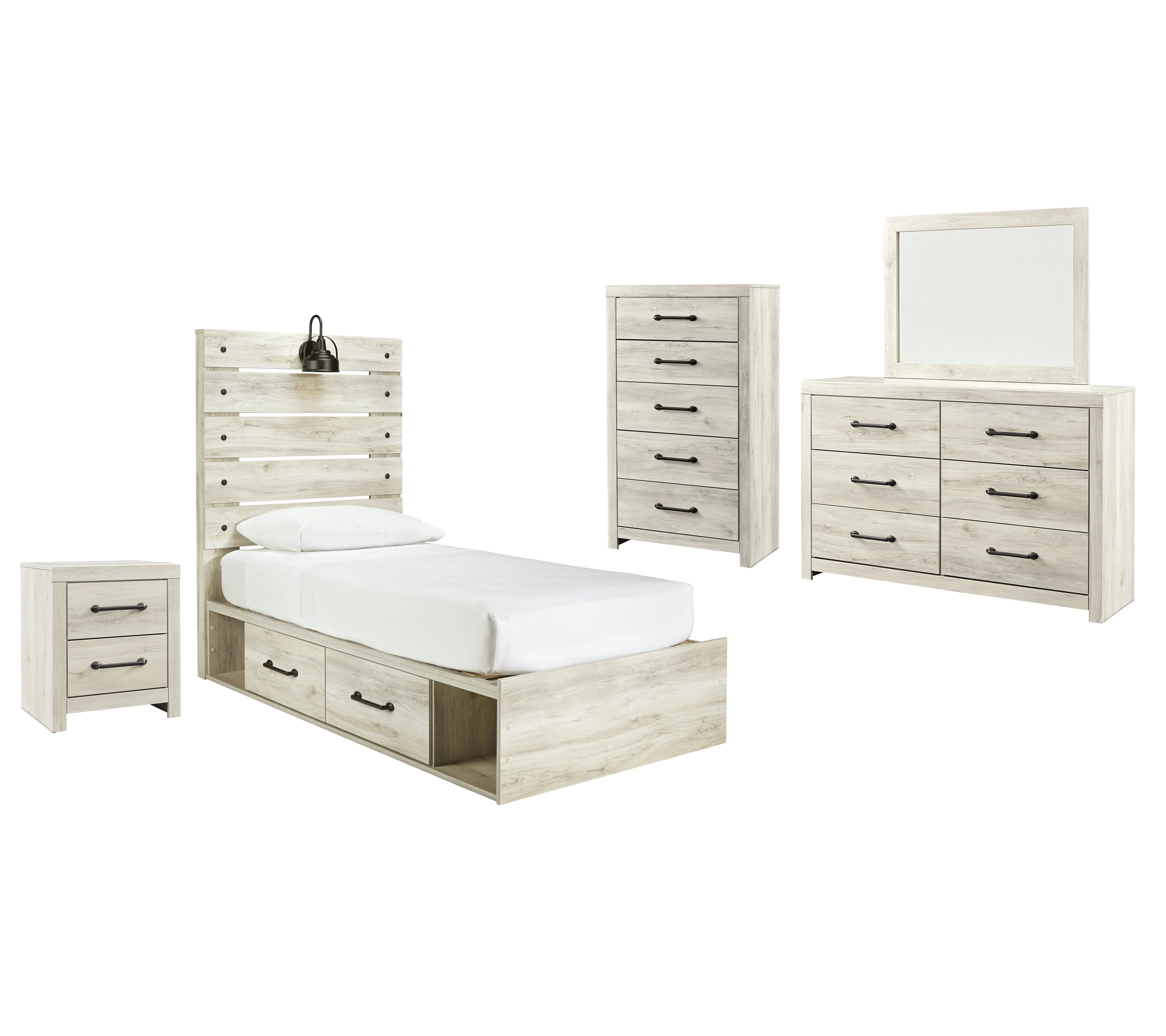 Cambeck Twin Panel Bed with 2 Storage Drawers with Mirrored Dresser, Chest and Nightstand in Whitewash