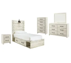 Cambeck Twin Panel Bed with 2 Storage Drawers with Mirrored Dresser, Chest and Nightstand in Whitewash