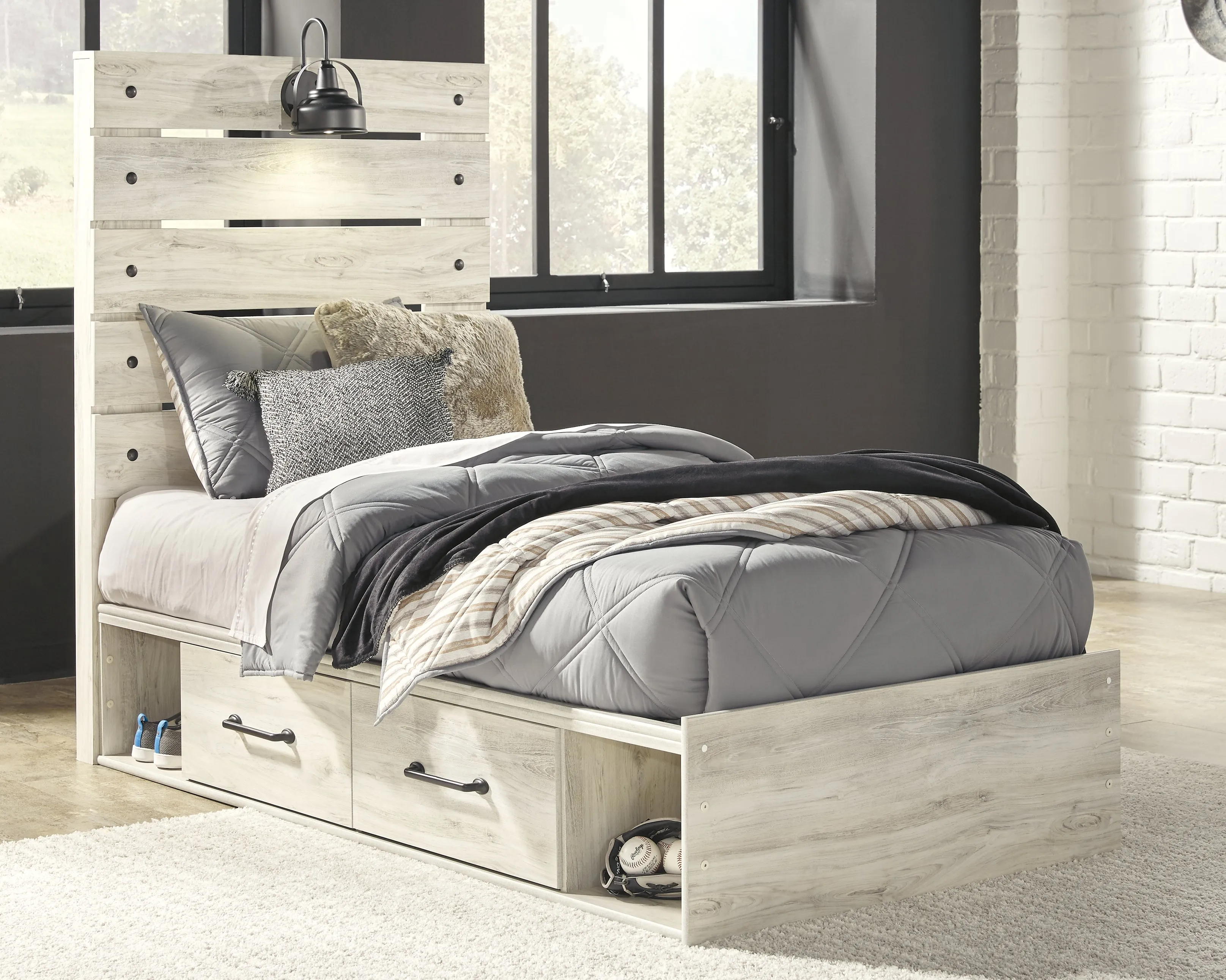 Cambeck Twin Panel Bed with 4 Storage Drawers with Mirrored Dresser and 2 Nightstands in Whitewash