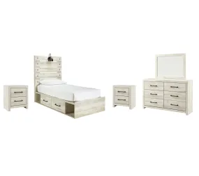 Cambeck Twin Panel Bed with 4 Storage Drawers with Mirrored Dresser and 2 Nightstands in Whitewash