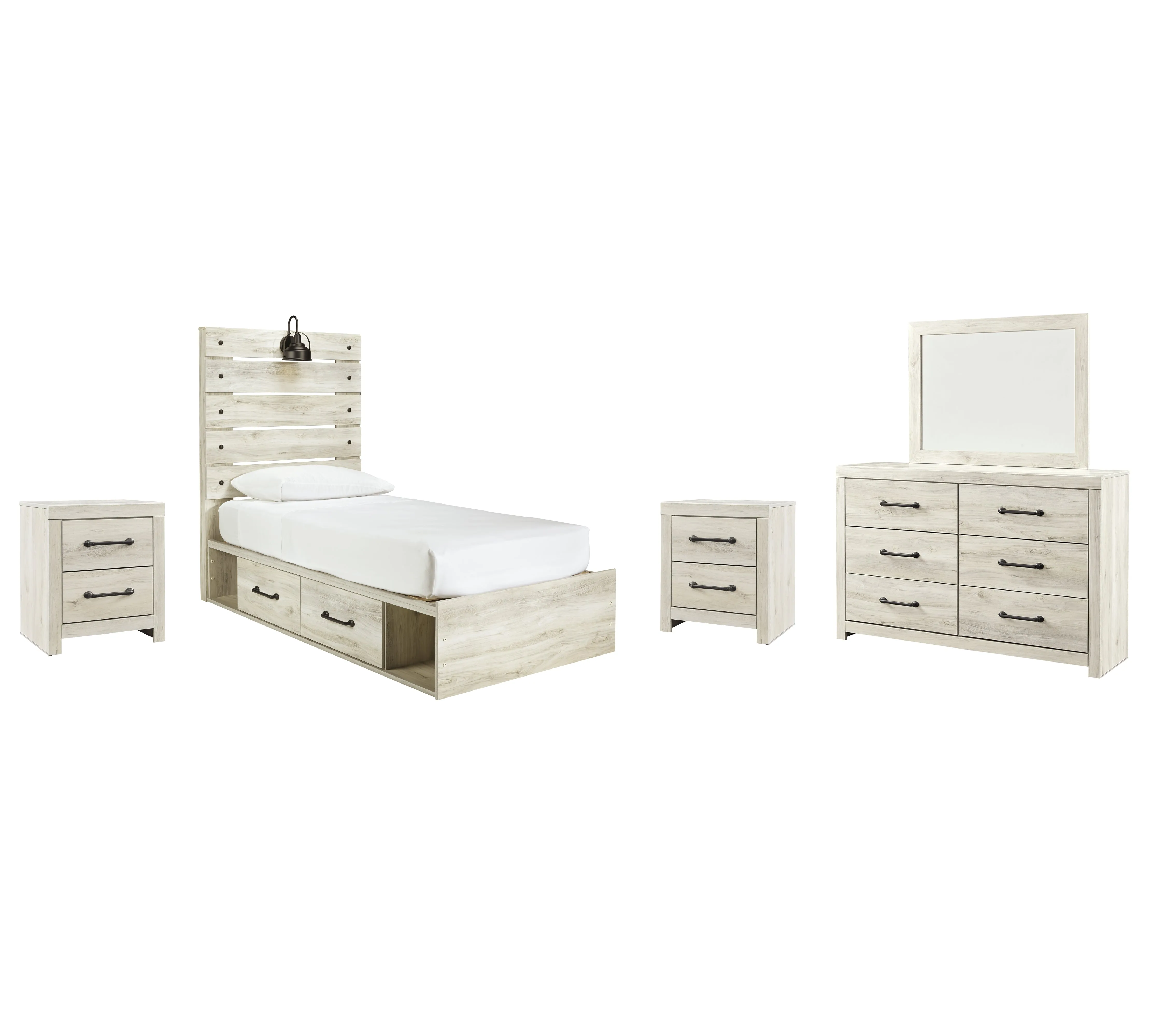 Cambeck Twin Panel Bed with 4 Storage Drawers with Mirrored Dresser and 2 Nightstands in Whitewash