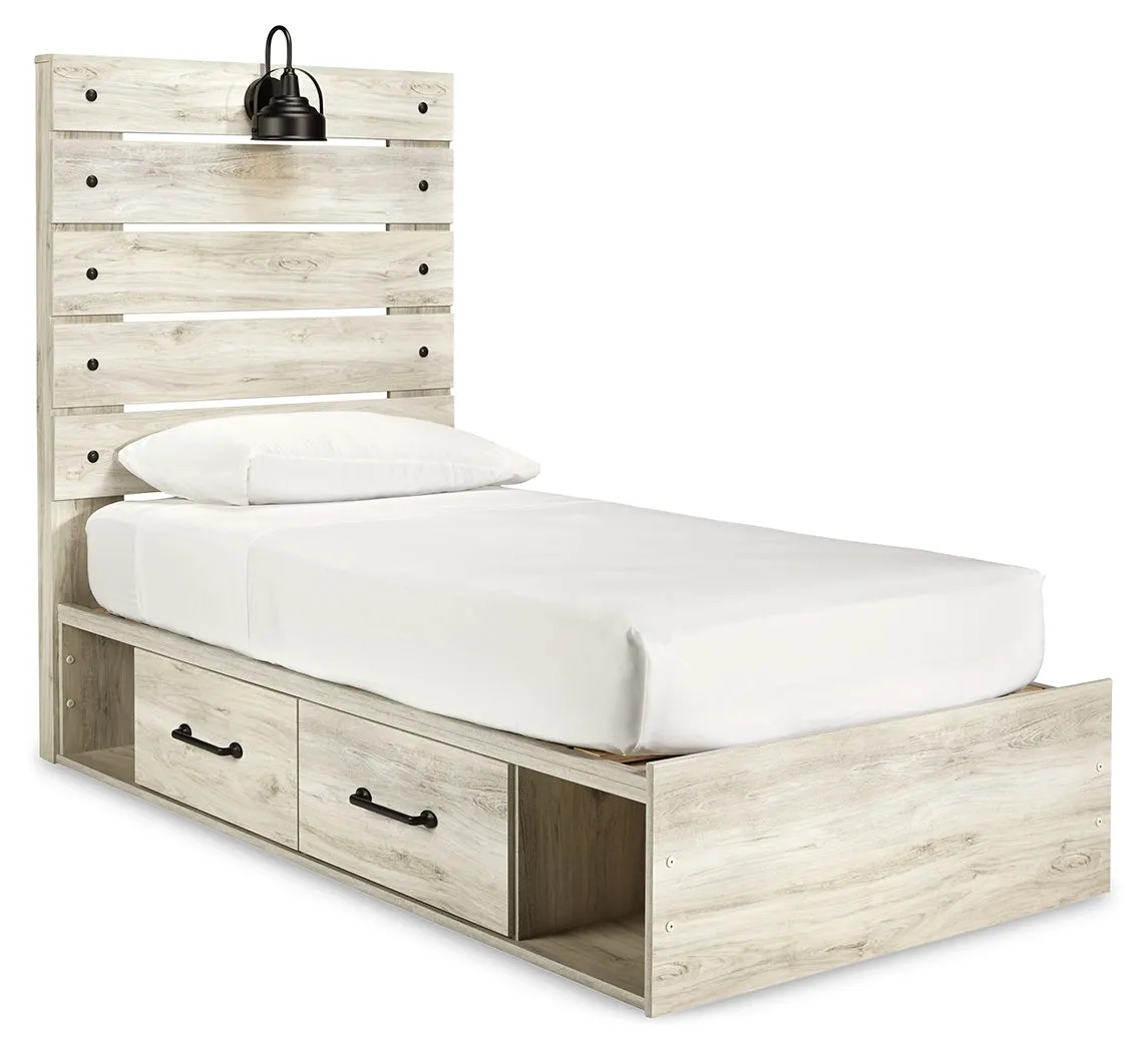 Cambeck Twin Panel Bed with 4 Storage Drawers with Mirrored Dresser and 2 Nightstands in Whitewash