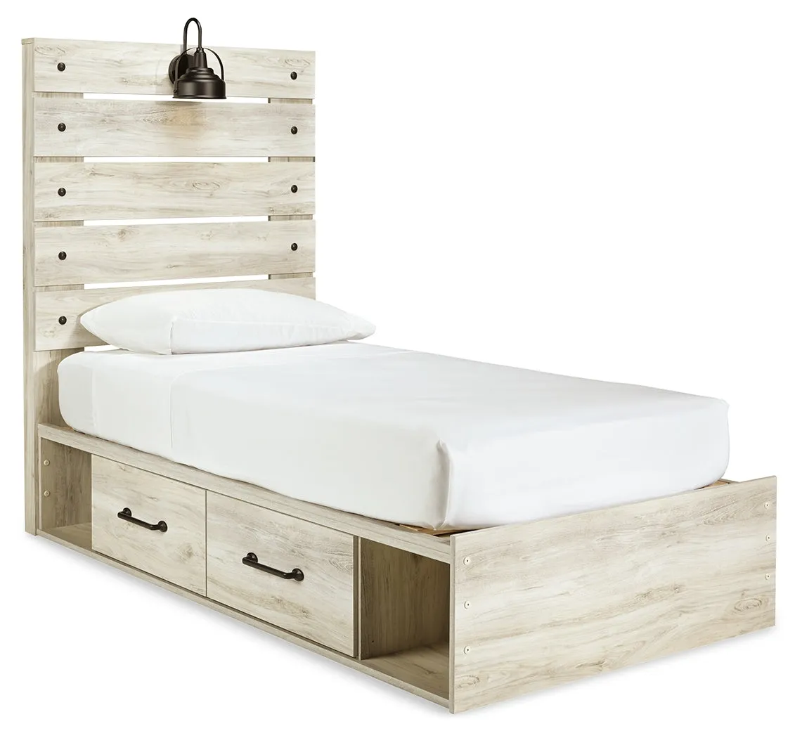 Cambeck Twin Panel Bed with 4 Storage Drawers with Mirrored Dresser in Whitewash