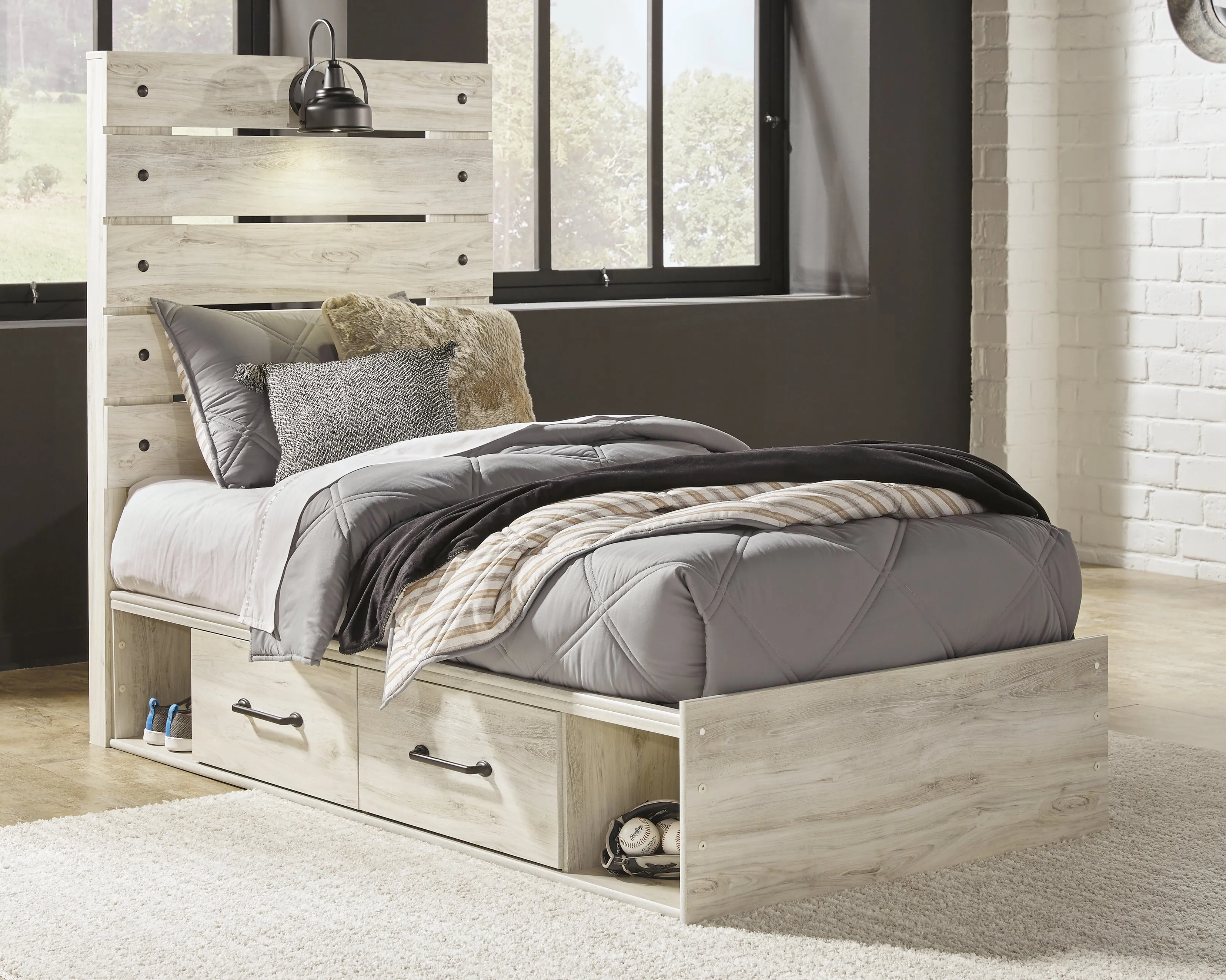 Cambeck Twin Panel Bed with 4 Storage Drawers with Mirrored Dresser in Whitewash