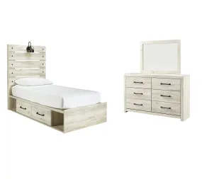 Cambeck Twin Panel Bed with 4 Storage Drawers with Mirrored Dresser in Whitewash