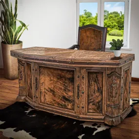 Carved Marble and Cowhide Desk