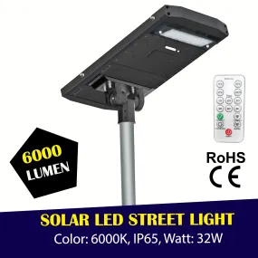Commercial and Residential Solar LED Street Parking Lot Light, 6,000 Lumen, 3 Year Warranty
